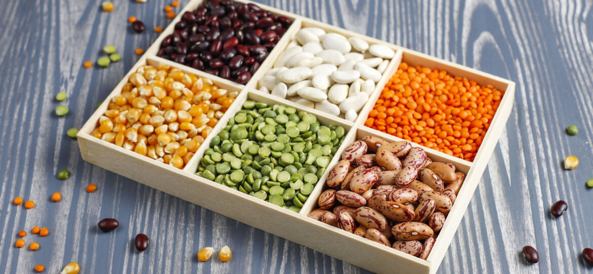 Legumes and beans assortment.Healthy vegan protein food.