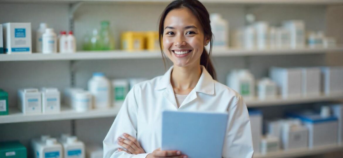 A young adult brown woman working as a pharmacy assistant