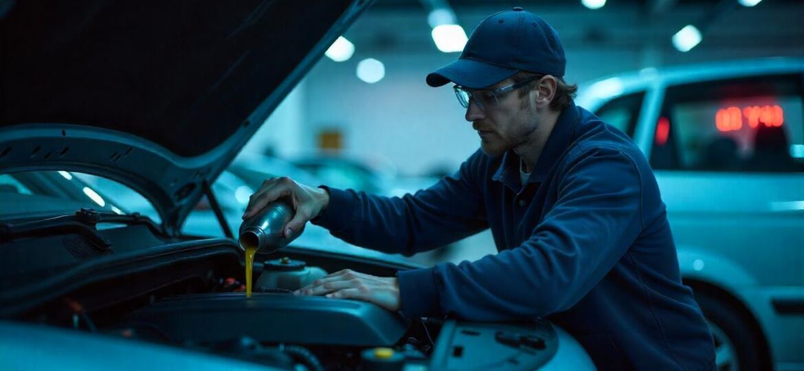 A young adult white male lube tech doing a professional oil change on a car